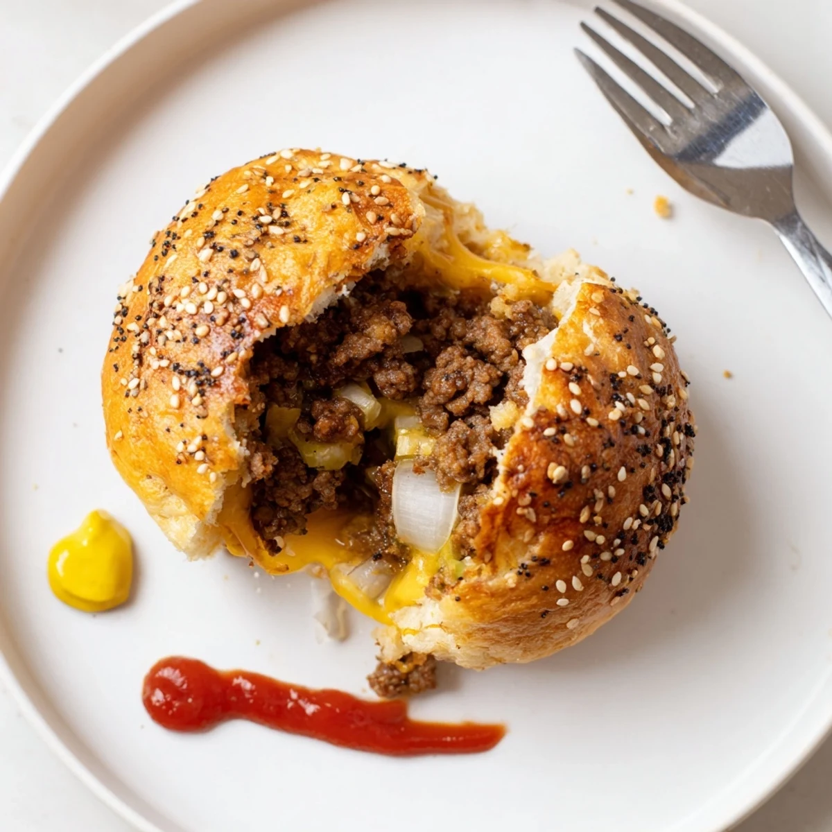 Golden baked Cheesy Cheeseburger Bombs Explosion Recipe oozing melted cheese, sesame seeds  