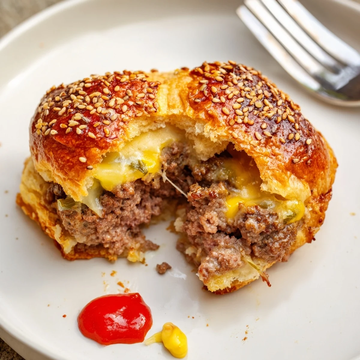 Plate of Cheesy Cheeseburger Bombs Explosion Recipe with ketchup dipping sauce, steaming  