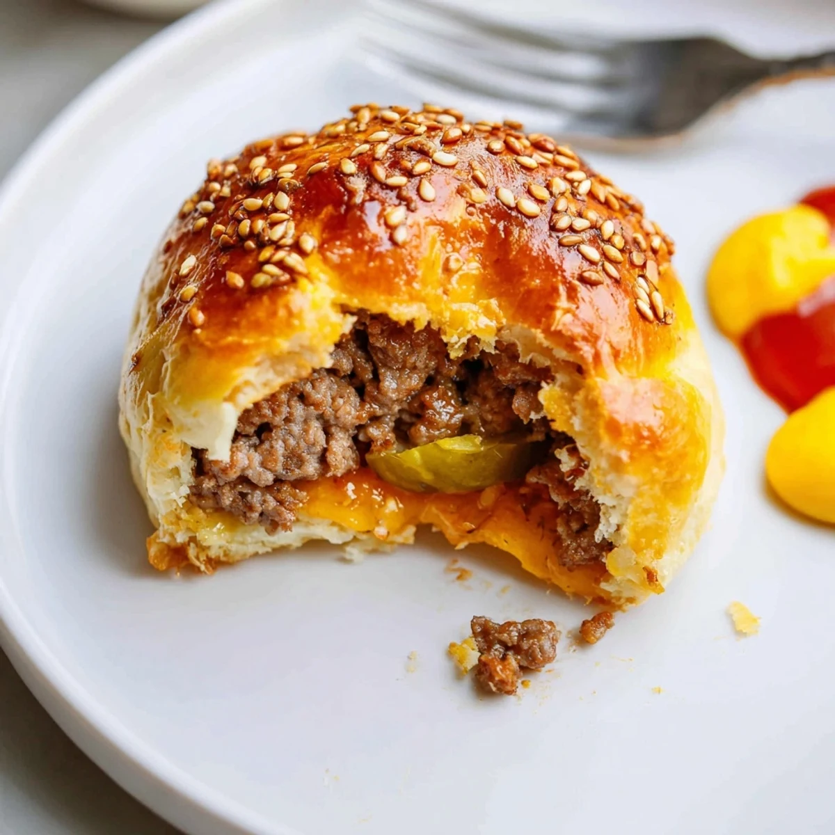 A Cheesy Cheeseburger Bombs Explosion Recipe split open, gooey cheddar and savory beef