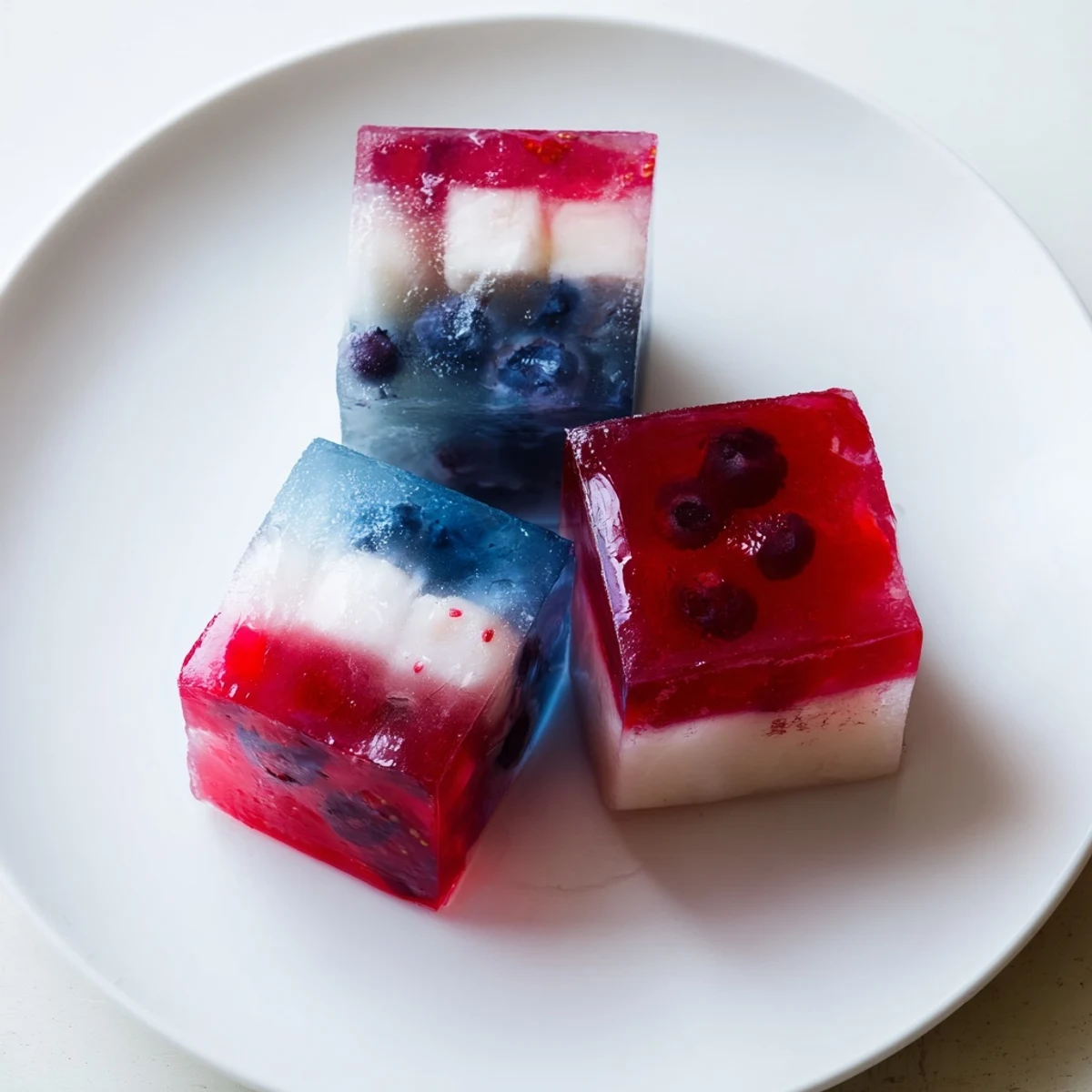 Red White And Blue Ice Cubes Recipe showing layered berries and coconut.