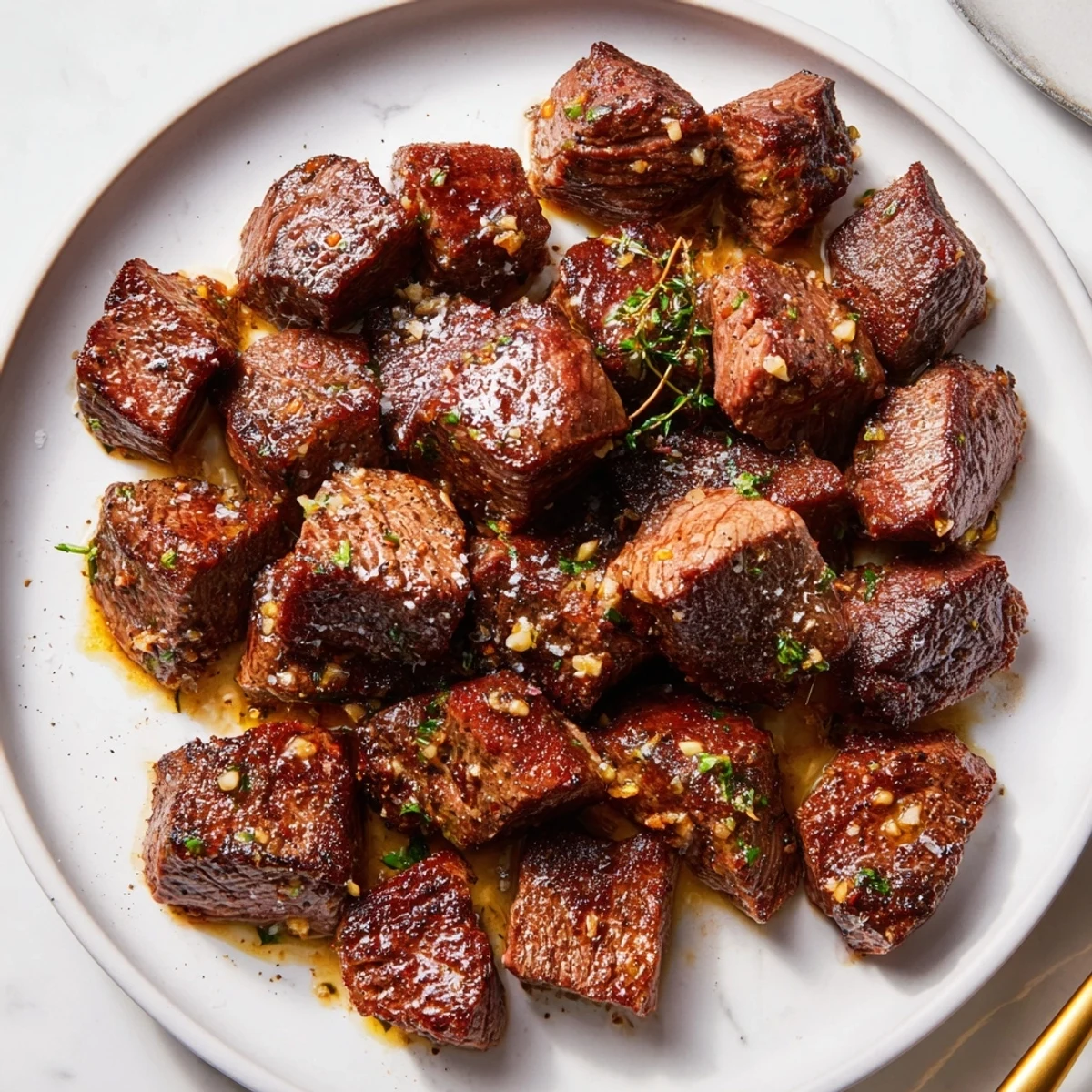 Garlic Butter Steak Bites glistening with buttery herbs, seared crust and steam