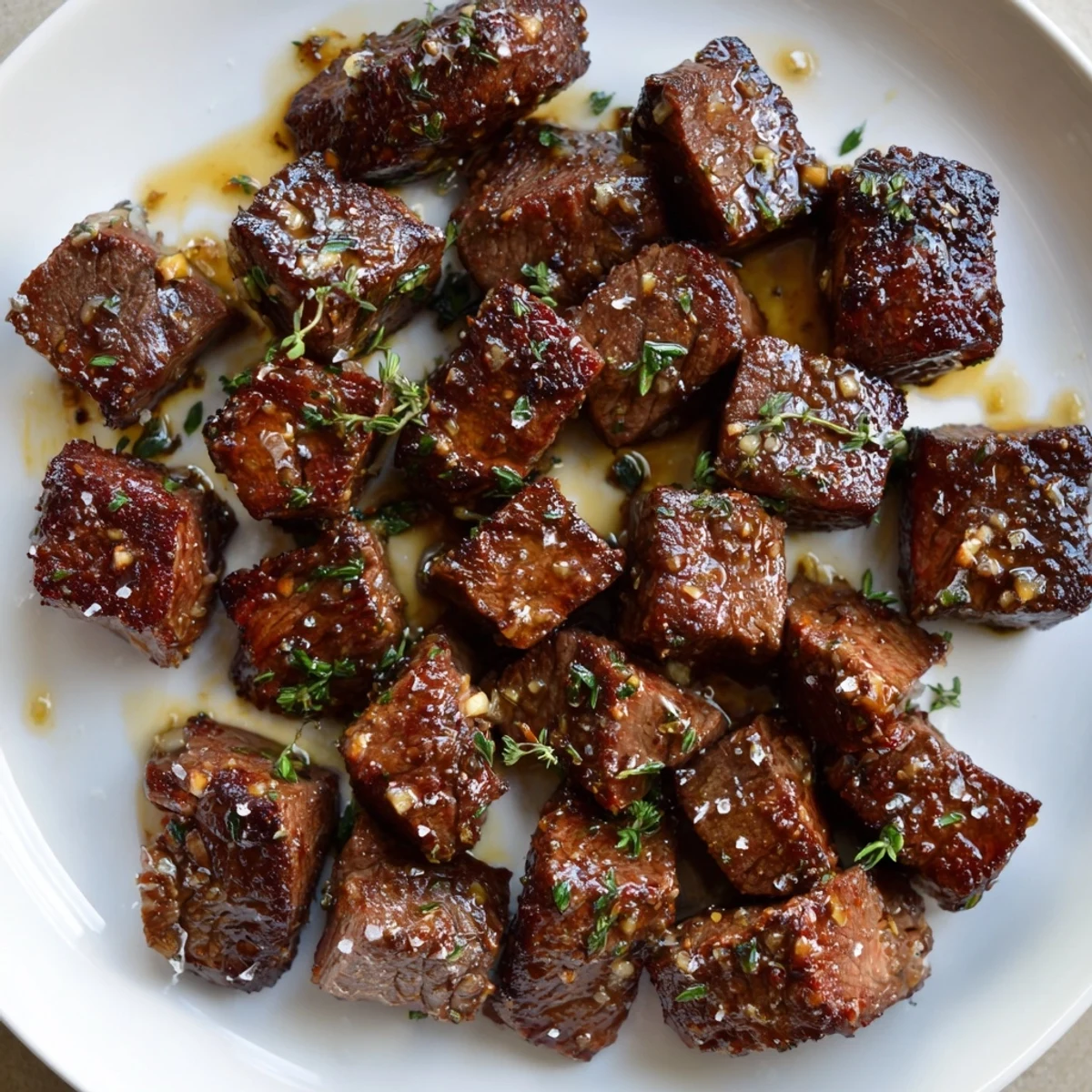 Cast iron Garlic Butter Steak Bites piled over mashed potatoes, parsley garnish