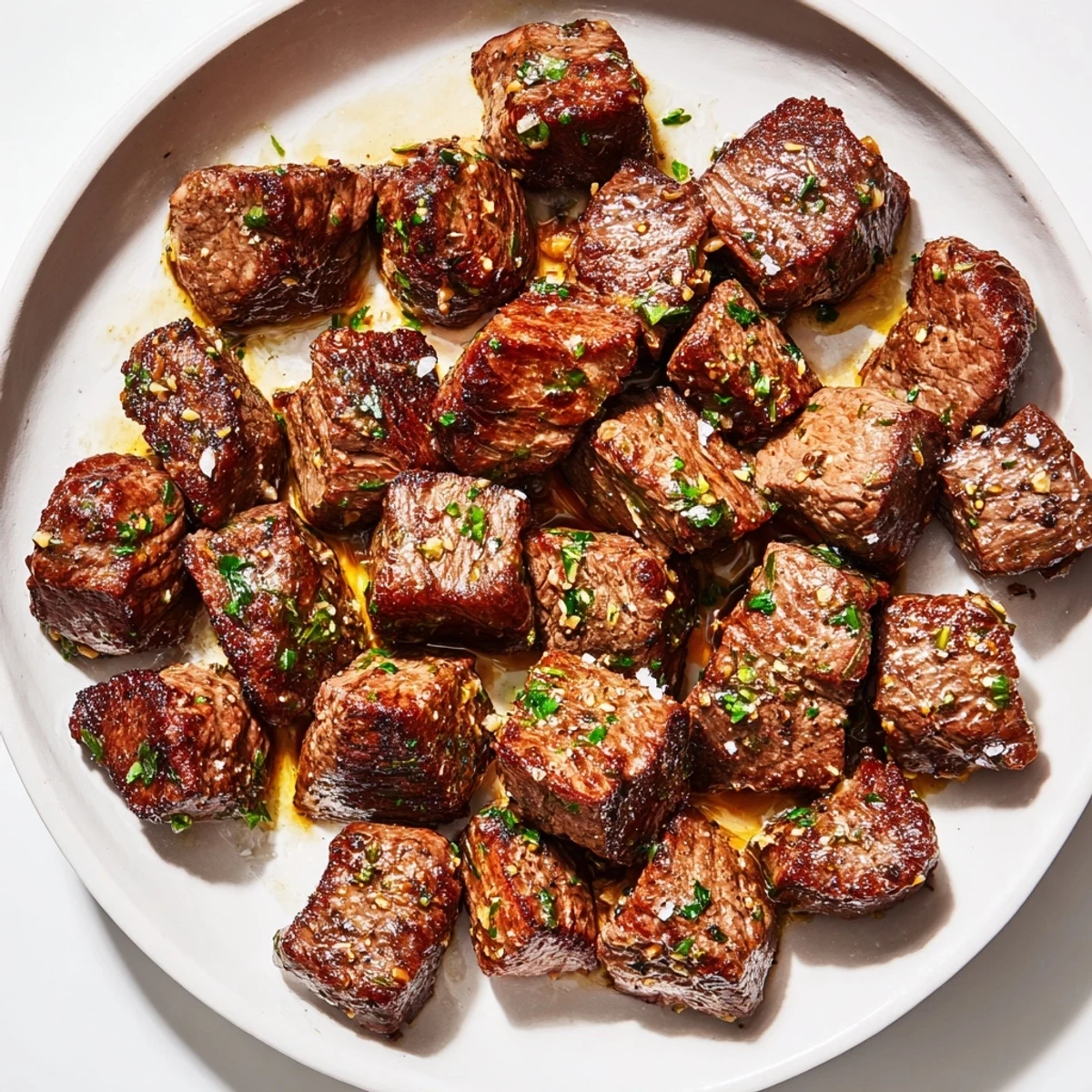 Quick Garlic Butter Steak Bites sizzling in skillet, garlicky aroma, flaky salt