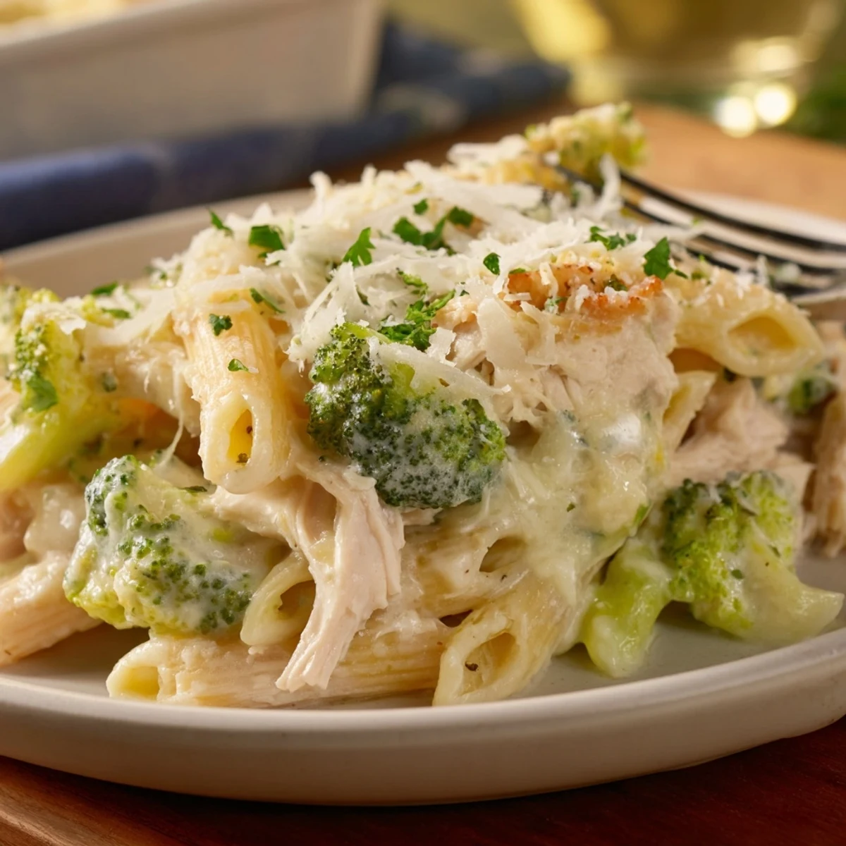 Chicken Broccoli Alfredo Bake recipe bubbling golden, creamy pasta crowned with parsley