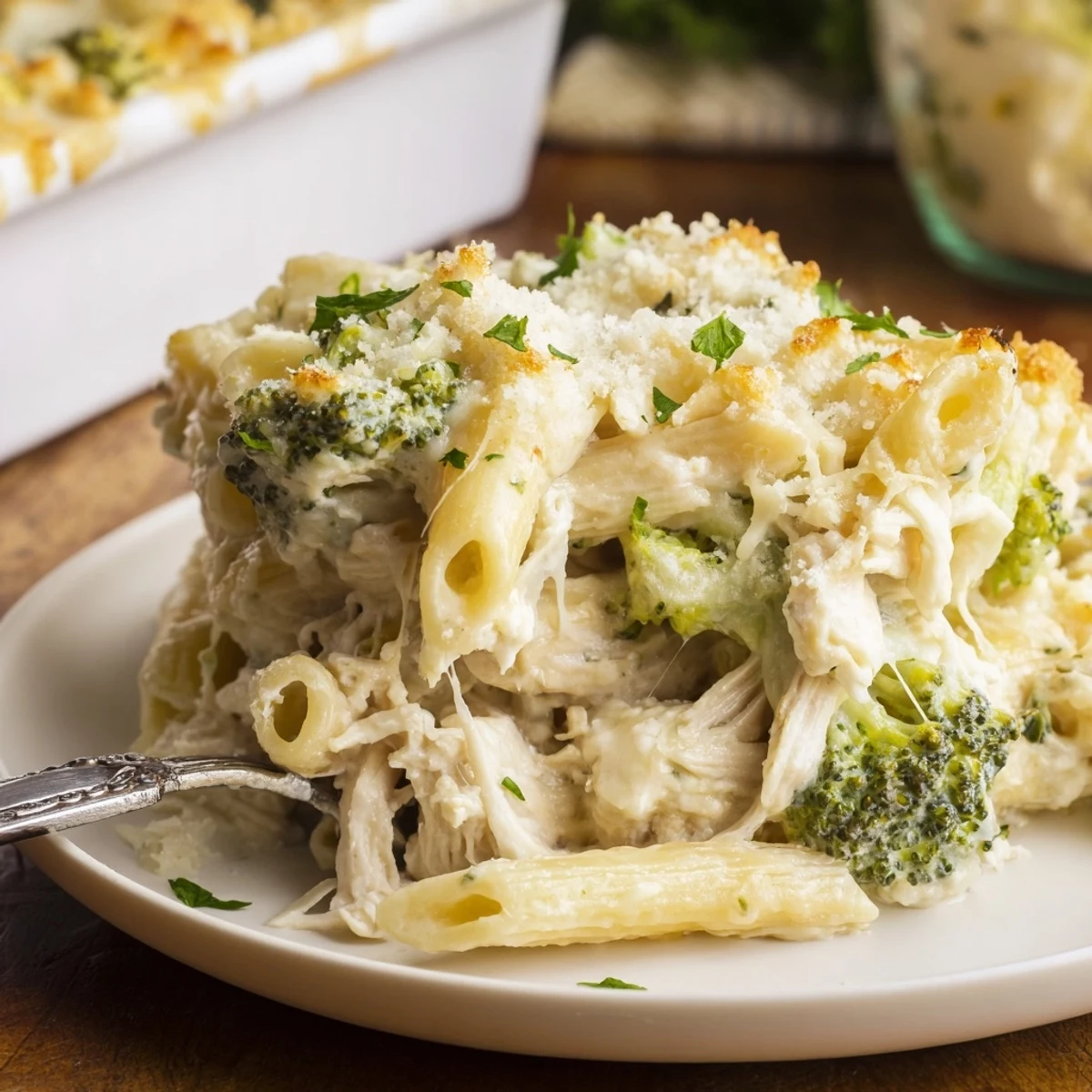 Warm Chicken Broccoli Alfredo Bake recipe layered with tender chicken and steamed broccoli