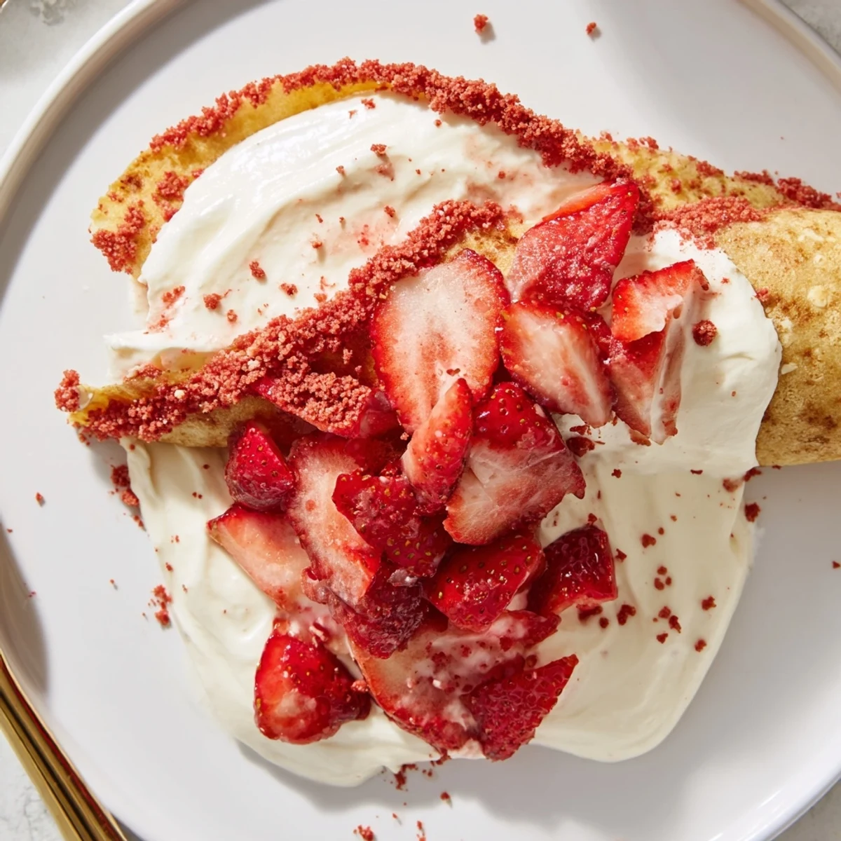 Strawberry Crunch Cheesecake Tacos arranged on a tray, creamy filling and fresh strawberries
