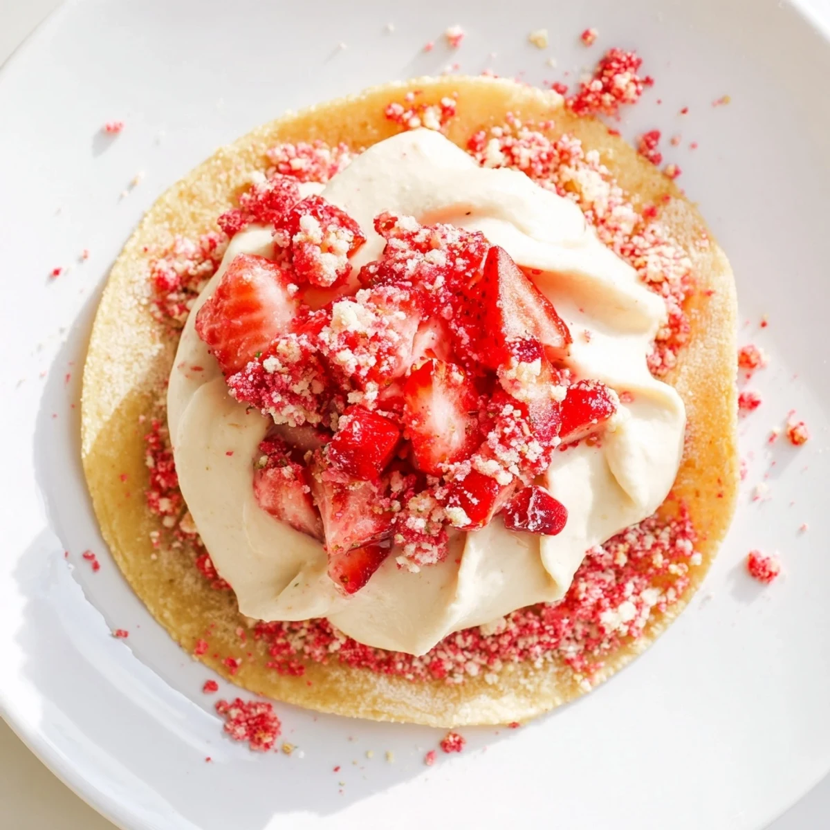 Serve chilled Strawberry Crunch Cheesecake Tacos garnished with extra strawberry crunch