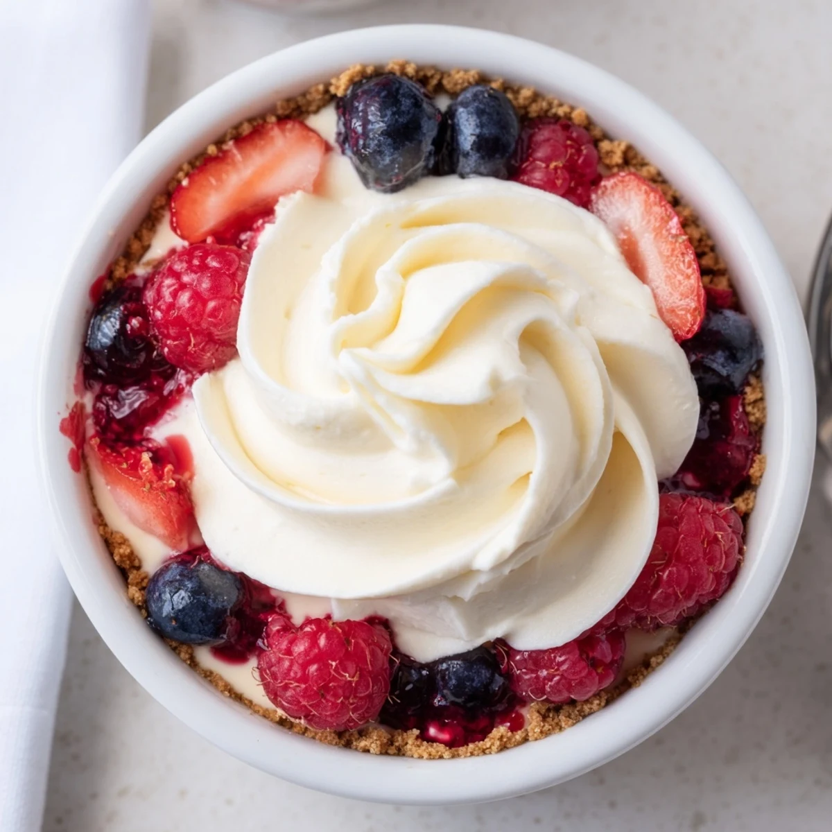 Berry No Bake Cheesecakes in glasses with glossy berry compote and crumbly base