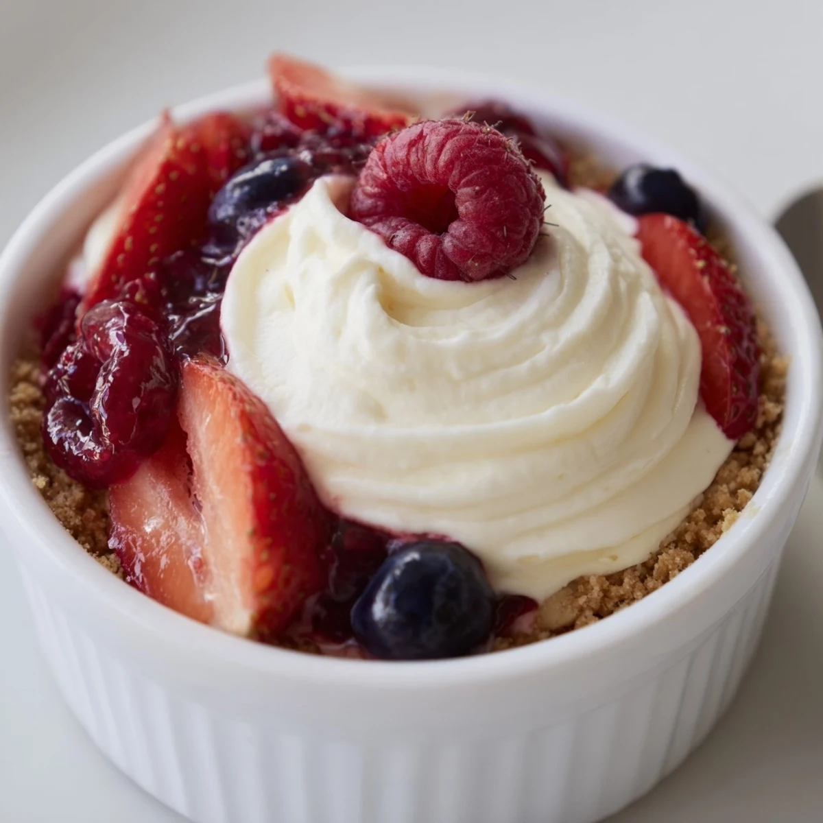 Chilled Berry No Bake Cheesecakes topped with juicy strawberries and lemon zest