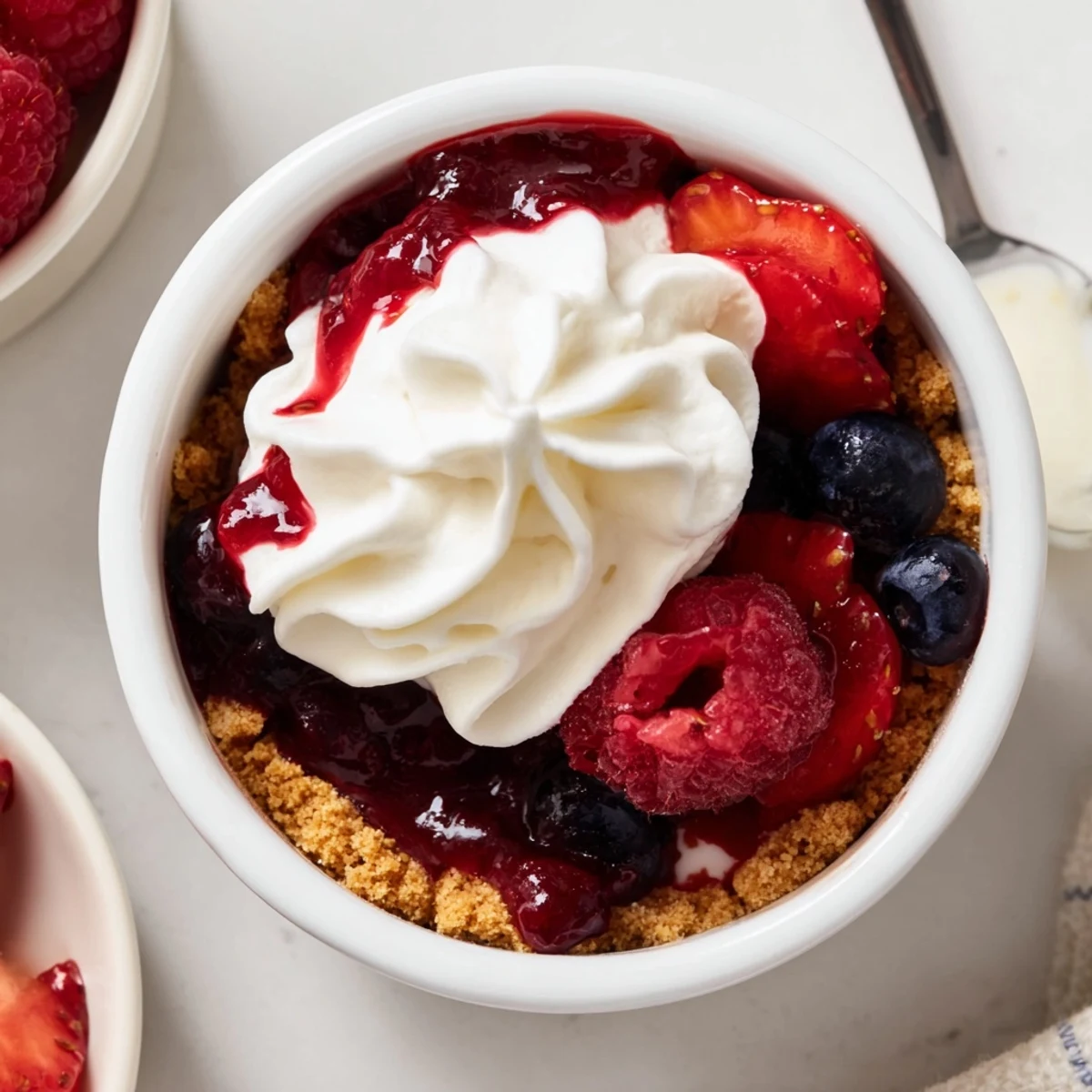 Individual Berry No Bake Cheesecakes served cold, creamy filling and crunchy crust