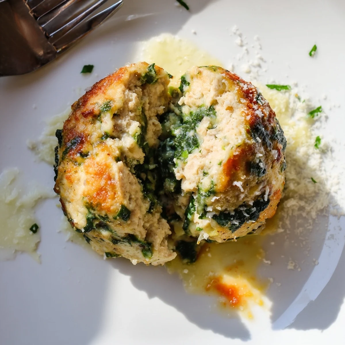 Low Carb Spinach Chicken Meatballs baked golden, juicy centers, served with cauliflower rice
