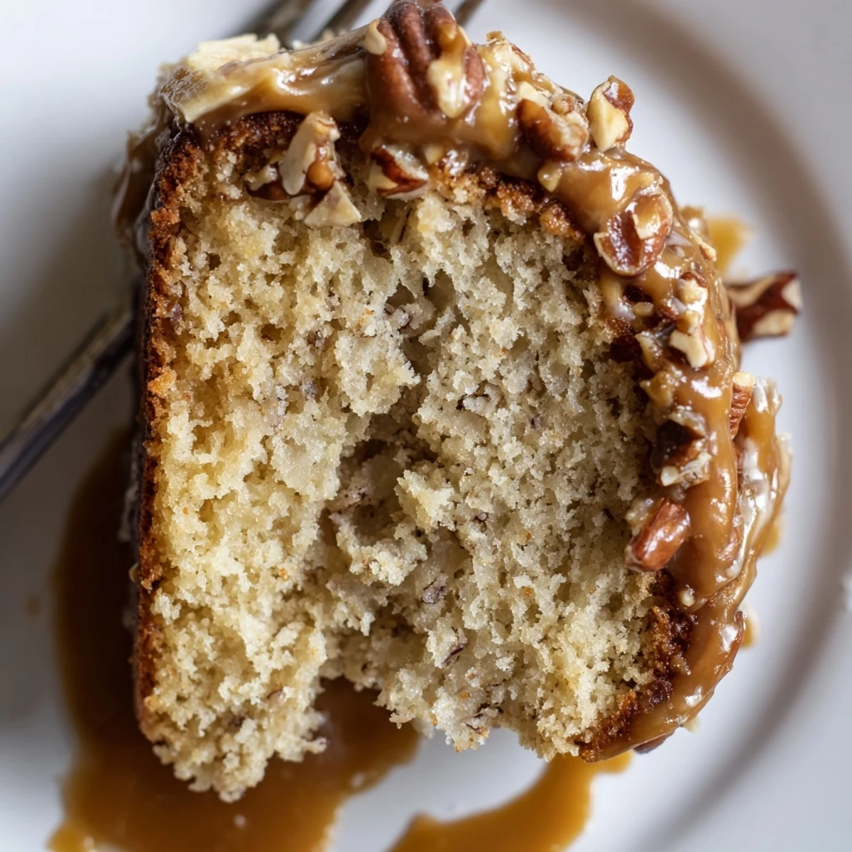 Warm Salted Caramel Brown Butter Banana Cake served with toasted pecans and cream
