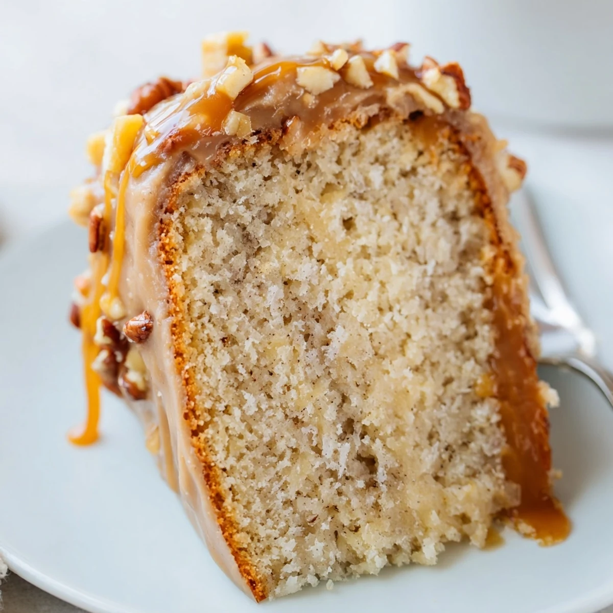 Slice of Salted Caramel Brown Butter Banana Cake with glossy caramel drizzle