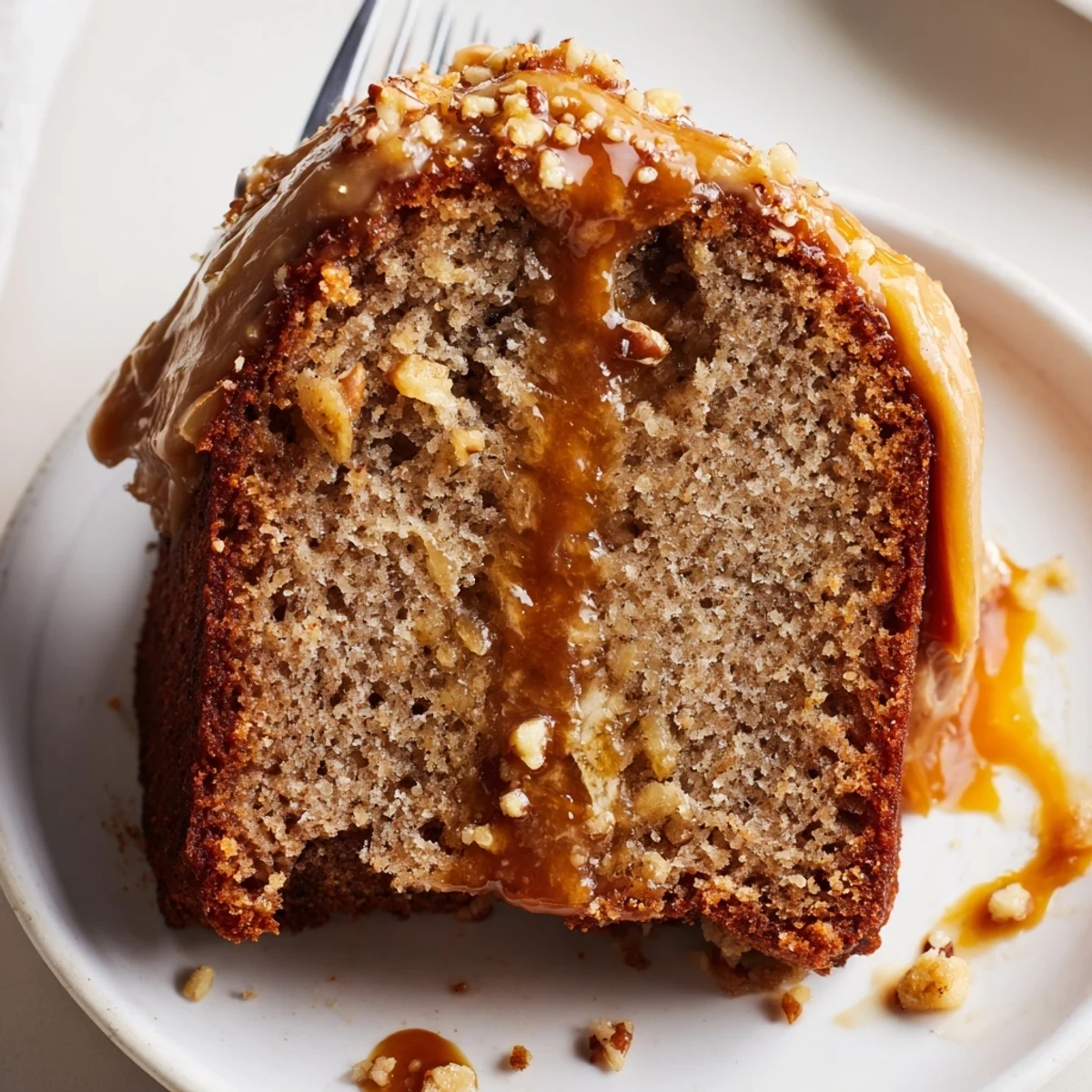 Close-up of Salted Caramel Brown Butter Banana Cake's moist crumb and sea salt