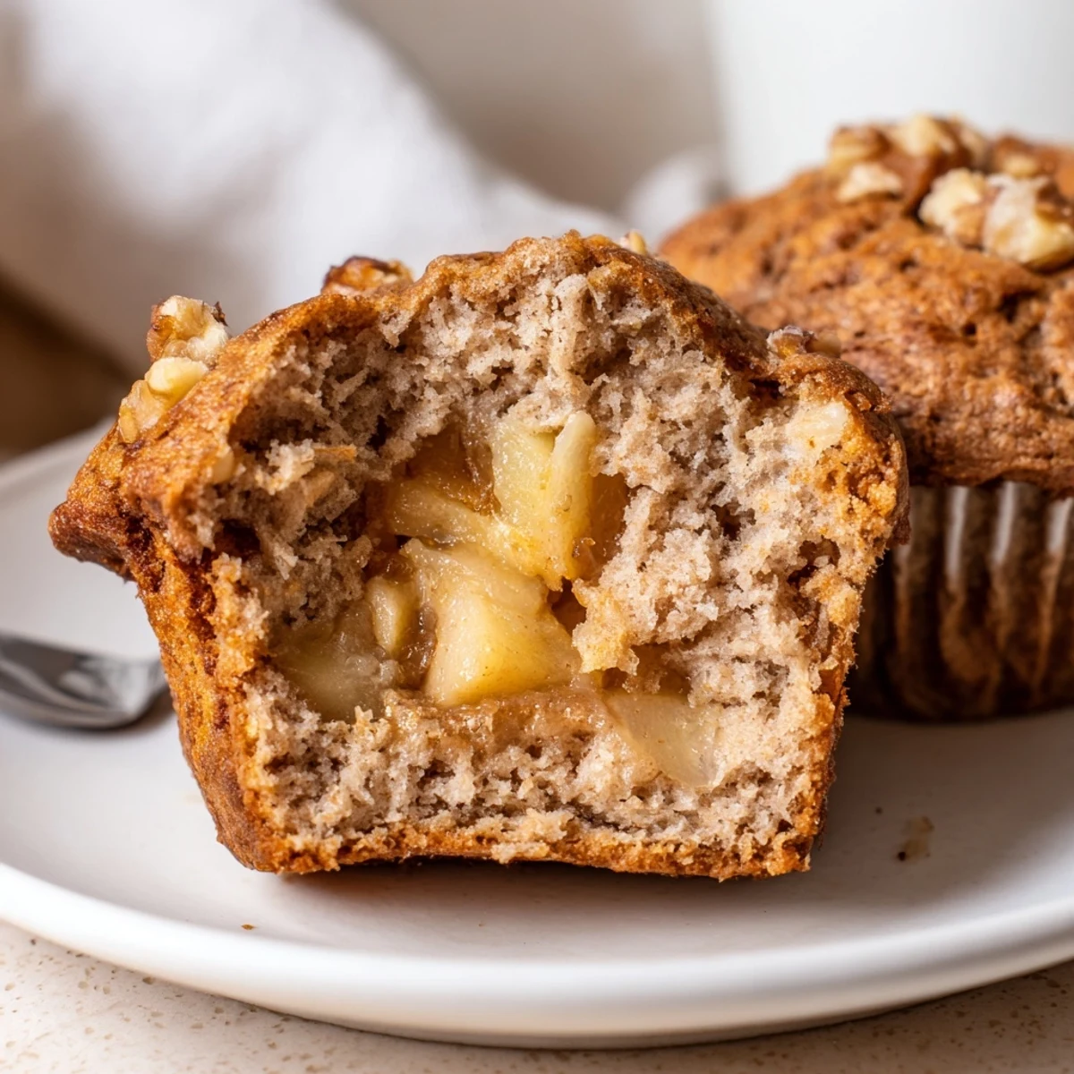 Freshly sliced Healthy Apple Cinnamon Greek Yogurt Muffins with honey drizzle, tender