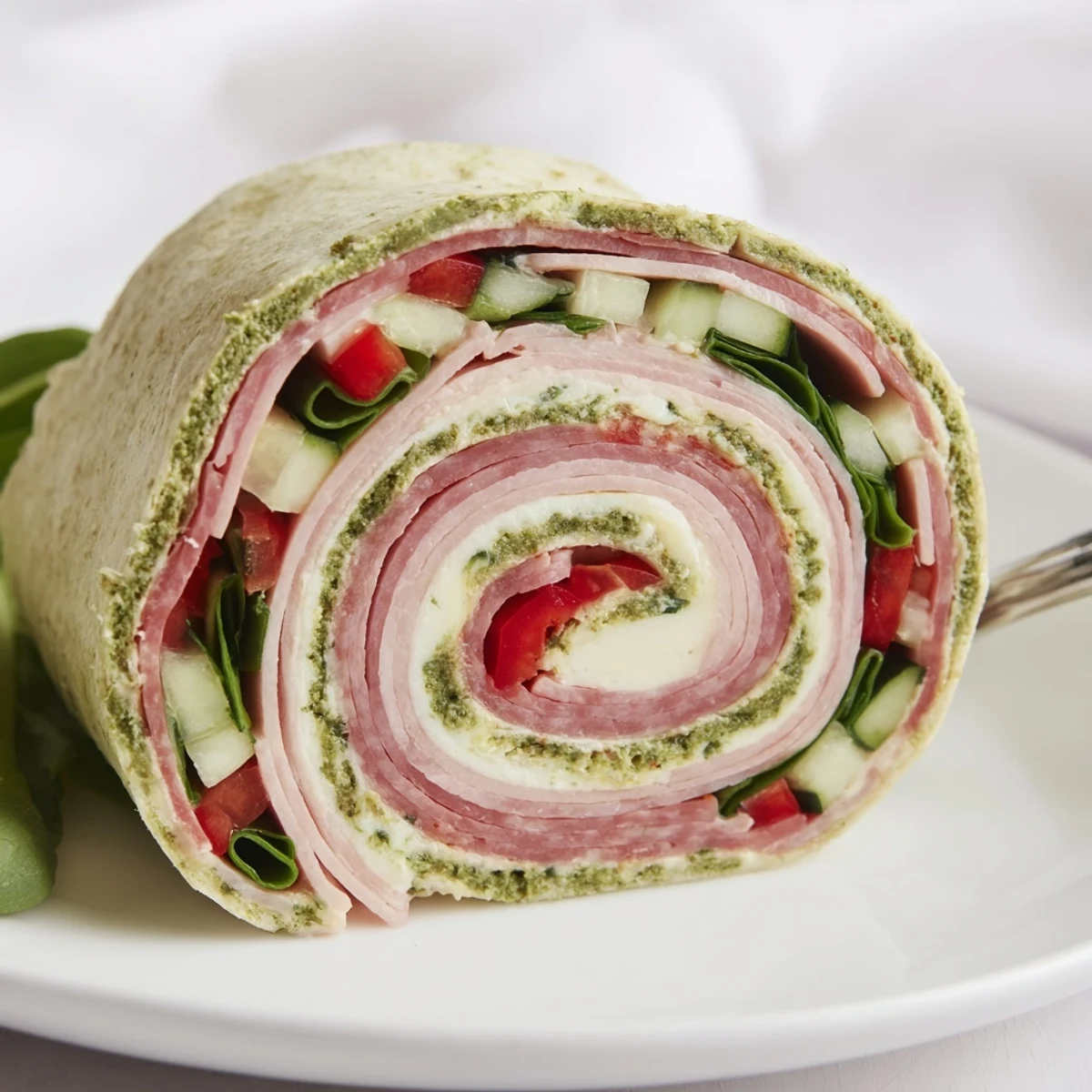 Chilled Italian Pinwheel Sandwiches with creamy pesto spread, crisp cucumber and basil