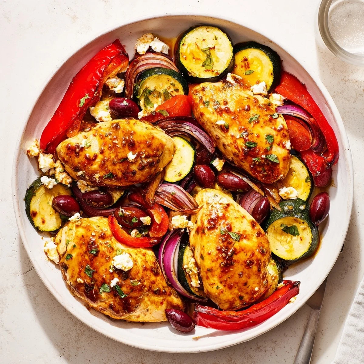 Roasted Sheet Pan Mediterranean Chicken Zucchini with golden veggies and lemon aromas