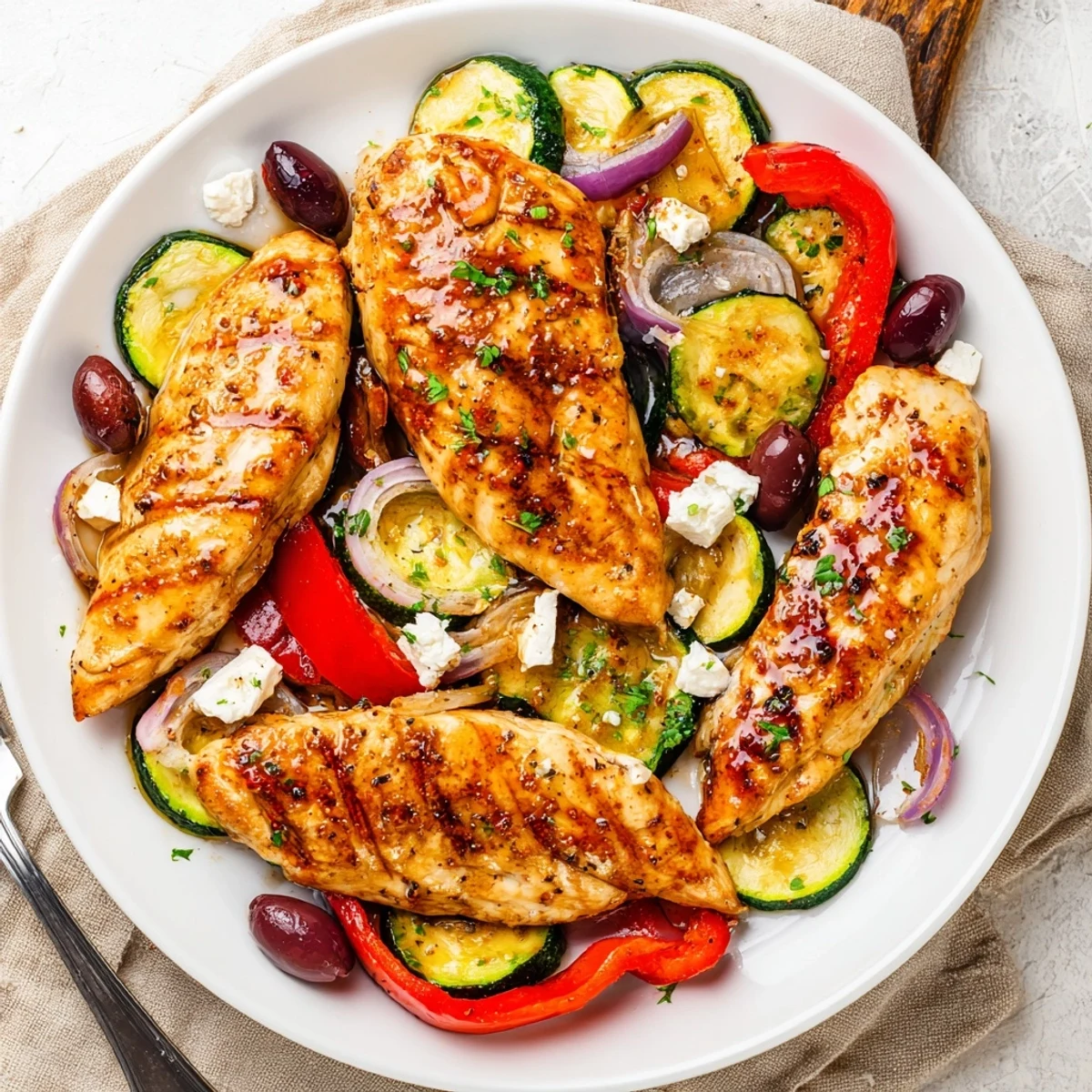Sheet Pan Mediterranean Chicken Zucchini nestles among blistered tomatoes and fragrant olives