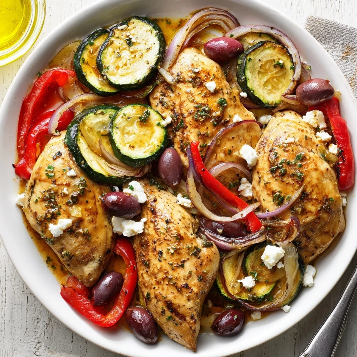 Serve Sheet Pan Mediterranean Chicken Zucchini hot with crumbled feta and warm pita