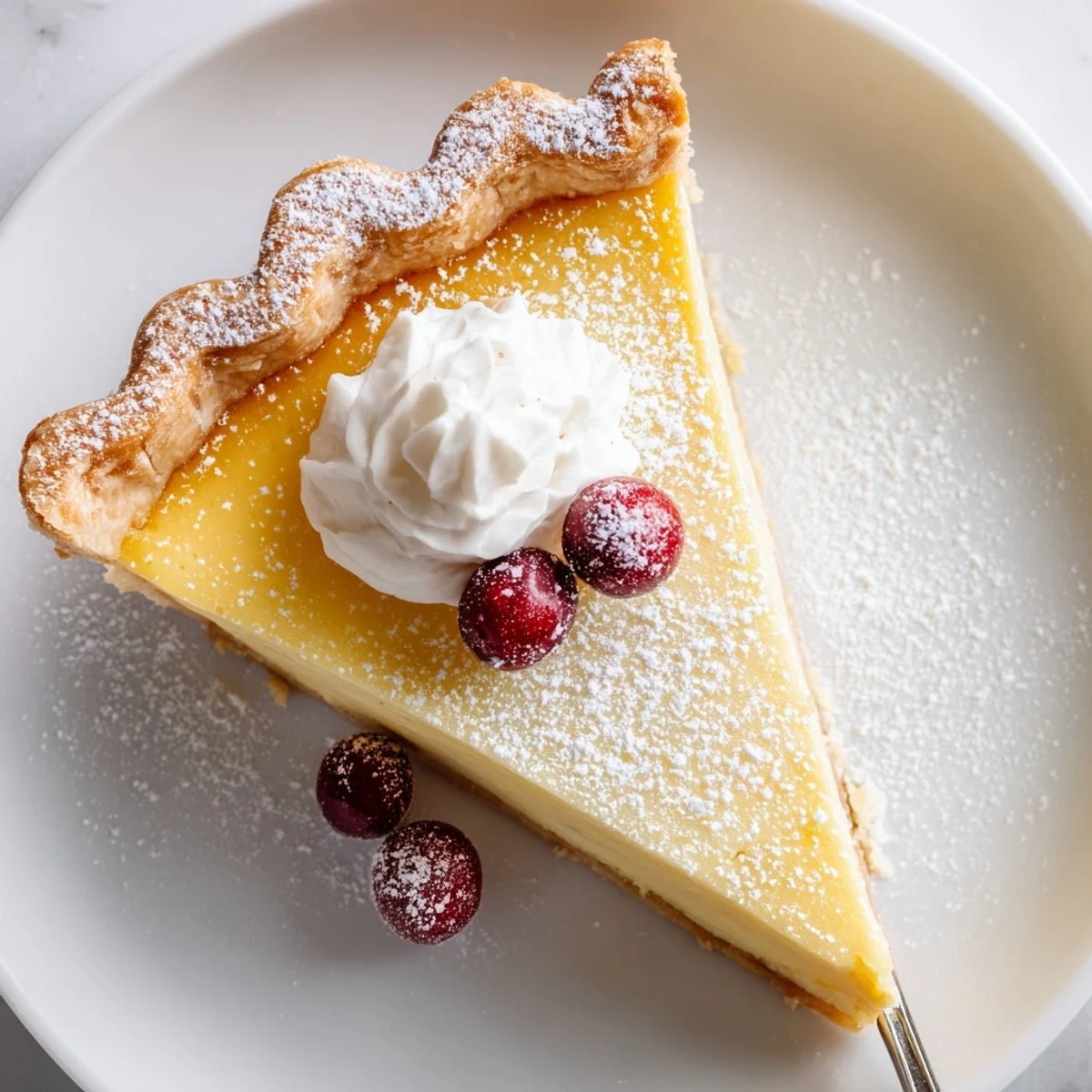 Warm kitchen setting with Christmas Eve Custard Pie With Cinnamon Vanilla, powdered sugar
