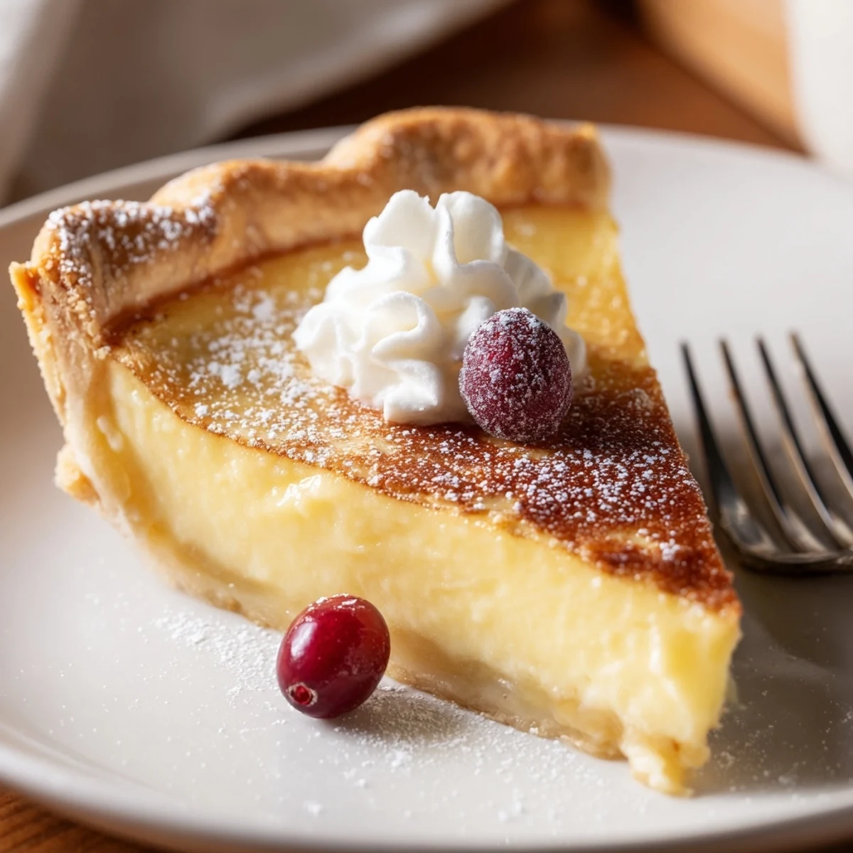 Freshly sliced Christmas Eve Custard Pie With Cinnamon Vanilla, slightly wobbly center  