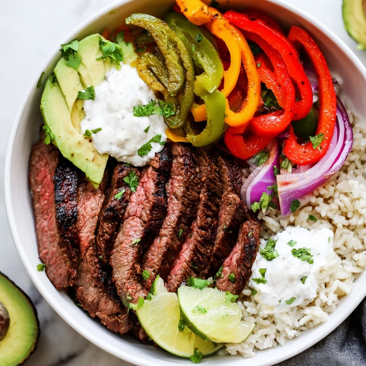 Steak Fajita Power Bowls with sizzling sliced steak, colorful peppers, lime