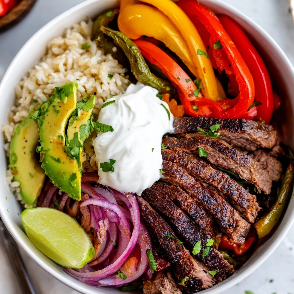 Smoky Steak Fajita Power Bowls with seared steak, melty cheese, black beans