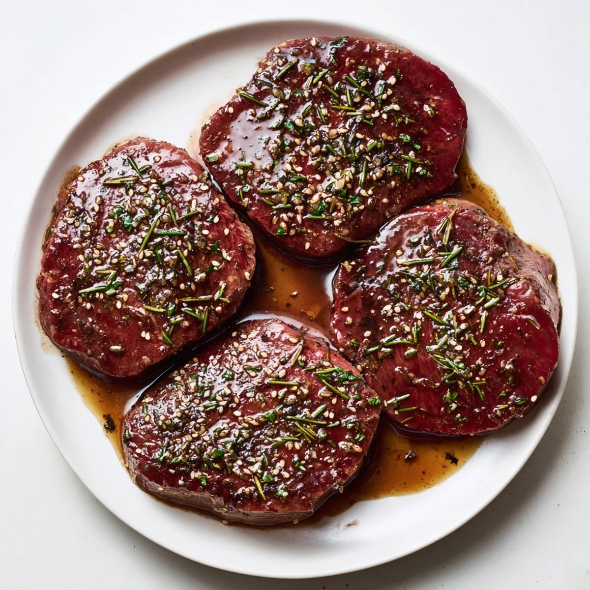 Steak Marinade glistening on raw ribeye, garlic and rosemary fragrance