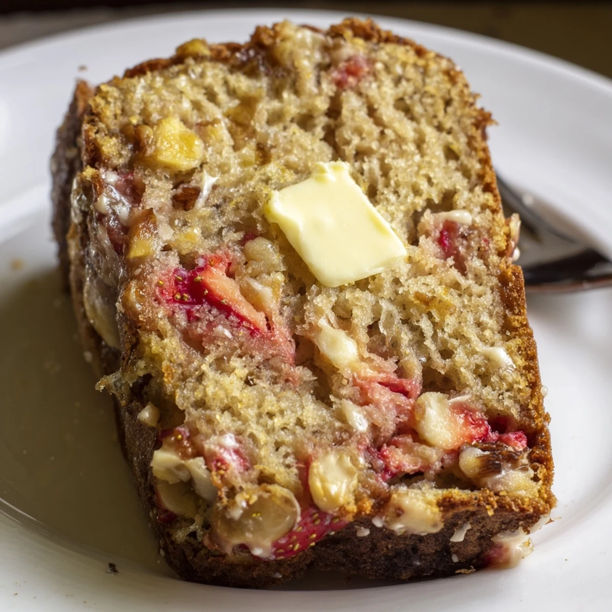Strawberry Banana Bread Recipe: warm loaf sliced, soft crumb and juicy strawberry pockets