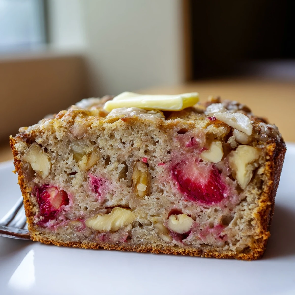 Homestyle Strawberry Banana Bread Recipe cooling on rack, butter melting into slice