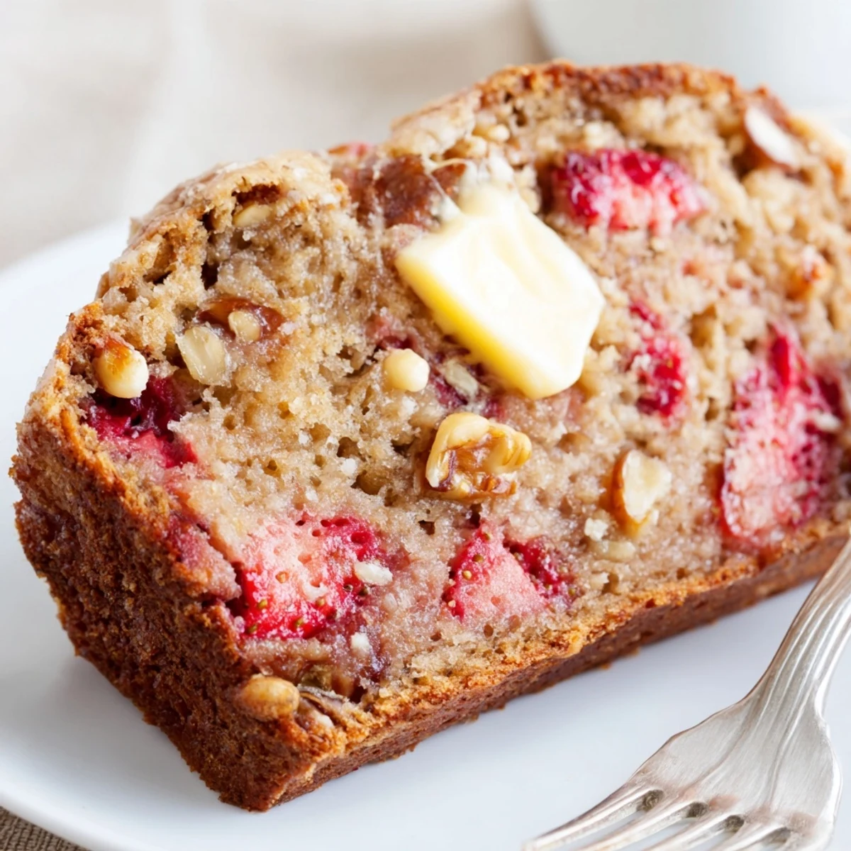 Sliced Strawberry Banana Bread Recipe served warm with honey drizzle, nutty crunch