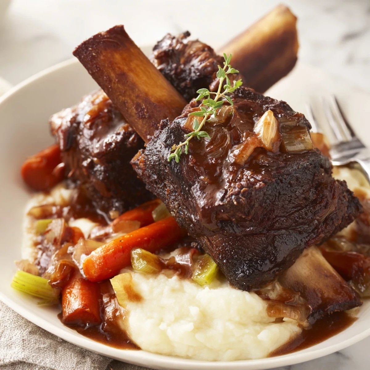 Hearty family plate features Slow Cooker Beef Short Ribs over creamy mashed potatoes