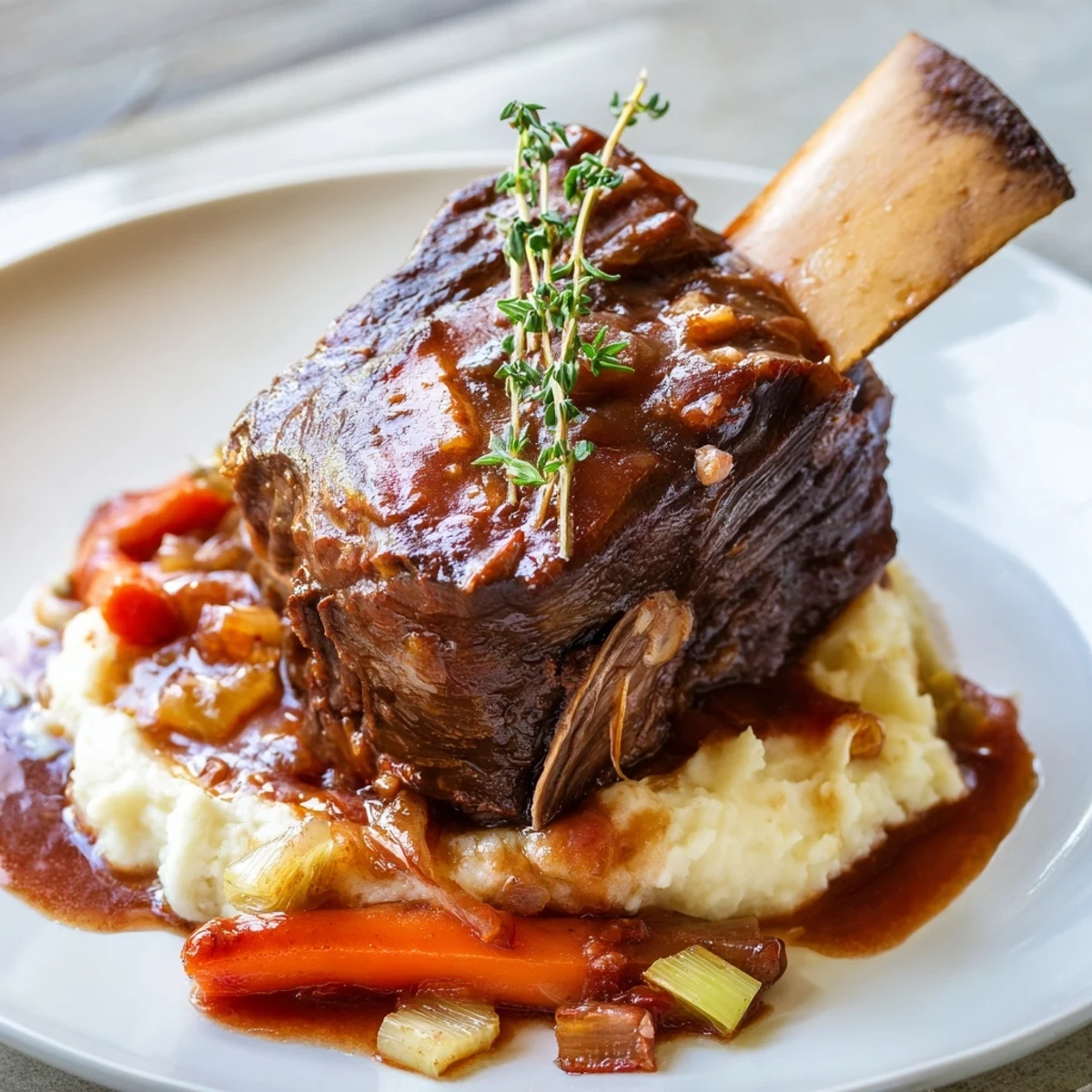 Glistening Slow Cooker Beef Short Ribs in deep mahogany sauce with roasted carrots