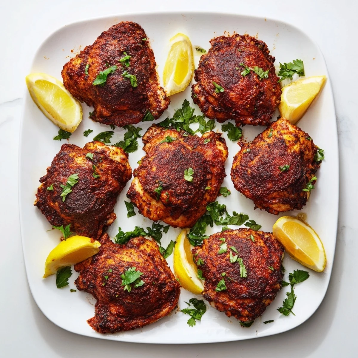Golden roasted Moroccan spiced chicken thighs with crispy skin and vibrant red seasoning