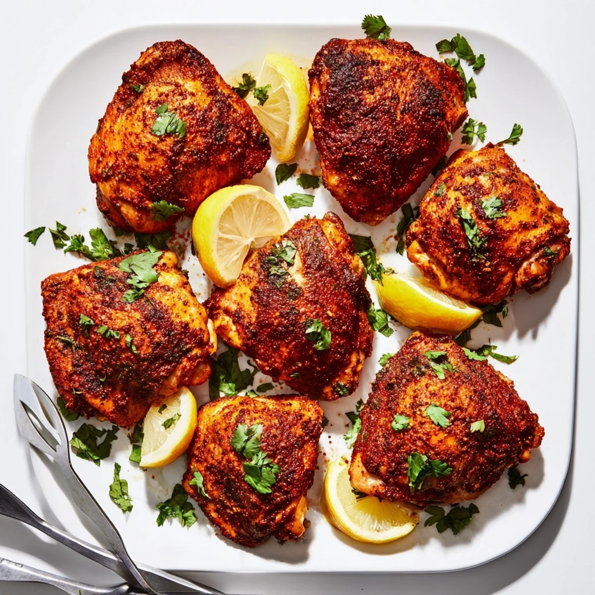 Succulent Moroccan spiced chicken thighs garnished with fresh cilantro and lemon wedges on platter