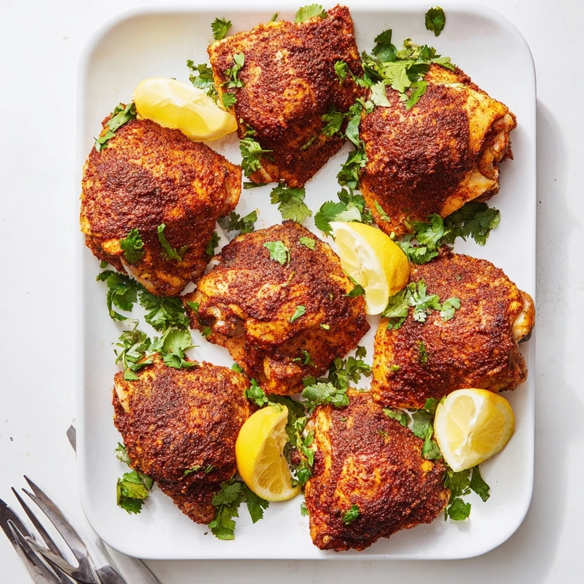 Oven roasted Moroccan spiced chicken thighs with aromatic cumin coriander and paprika coating