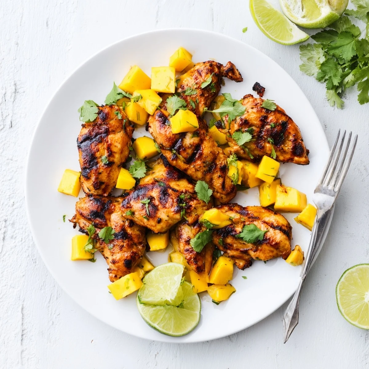 Golden grilled mango lime chicken breasts garnished with fresh cilantro and lime wedges on a white plate