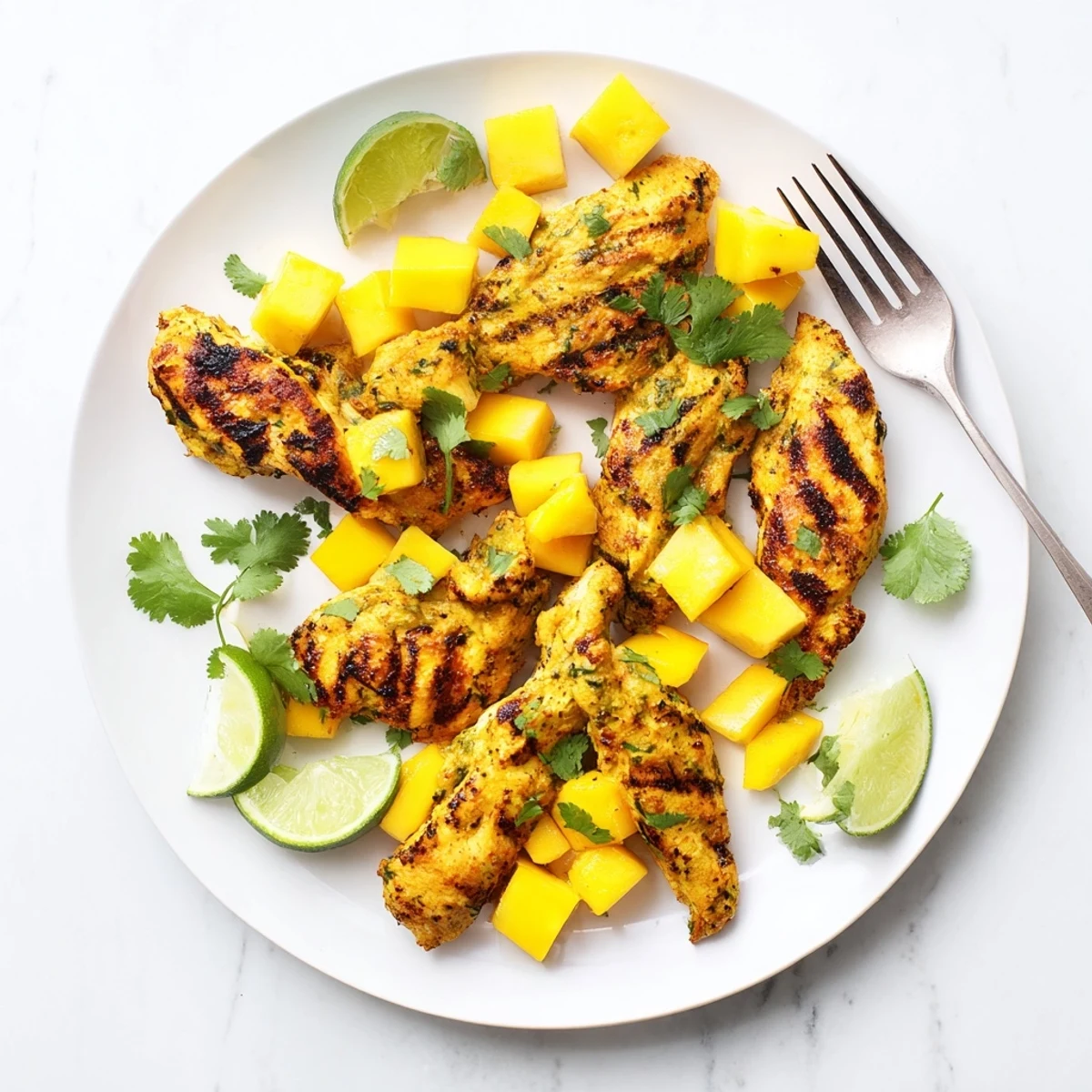Juicy chicken glazed with tropical mango lime marinade shows beautiful char marks from the grill