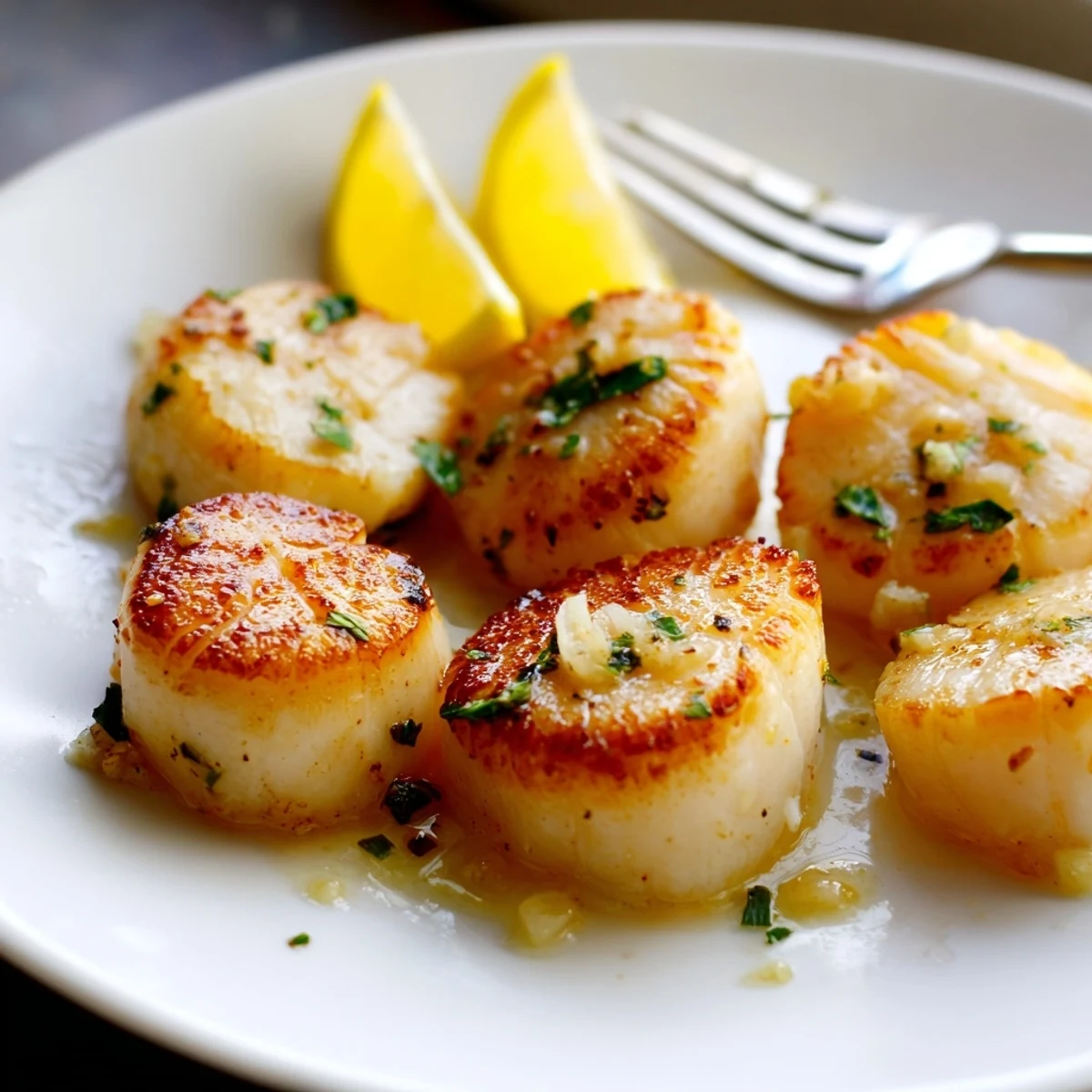 Golden grilled scallops recipe seared to perfection with lemon herb garnish on white plate