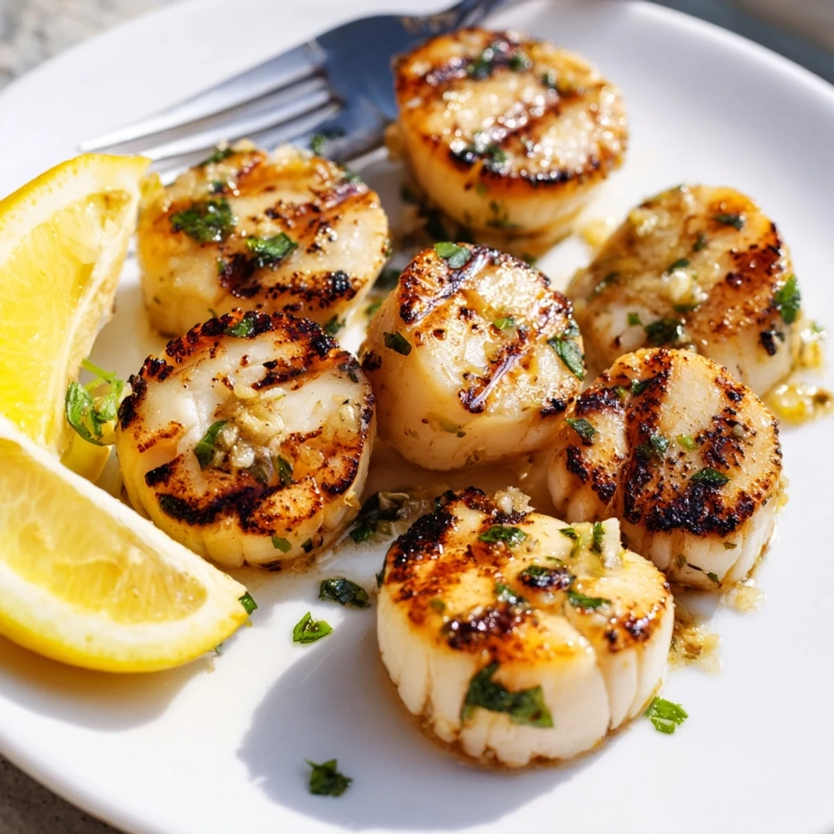 Perfectly charred grilled scallops recipe served with fresh lemon wedges and green parsley