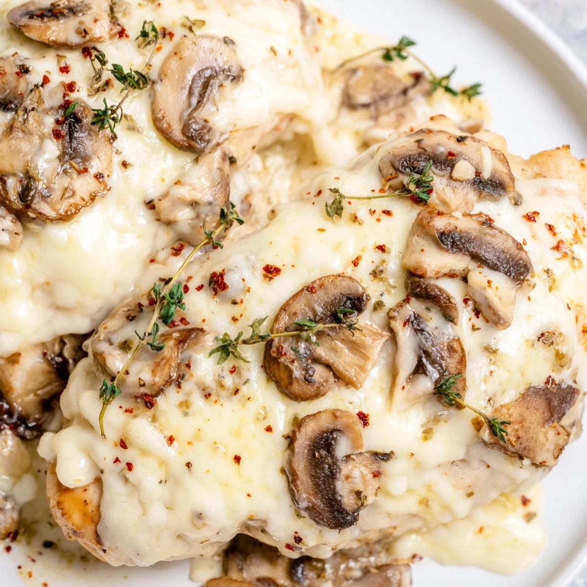 Golden cheesy baked chicken with mushrooms bubbling in a white baking dish