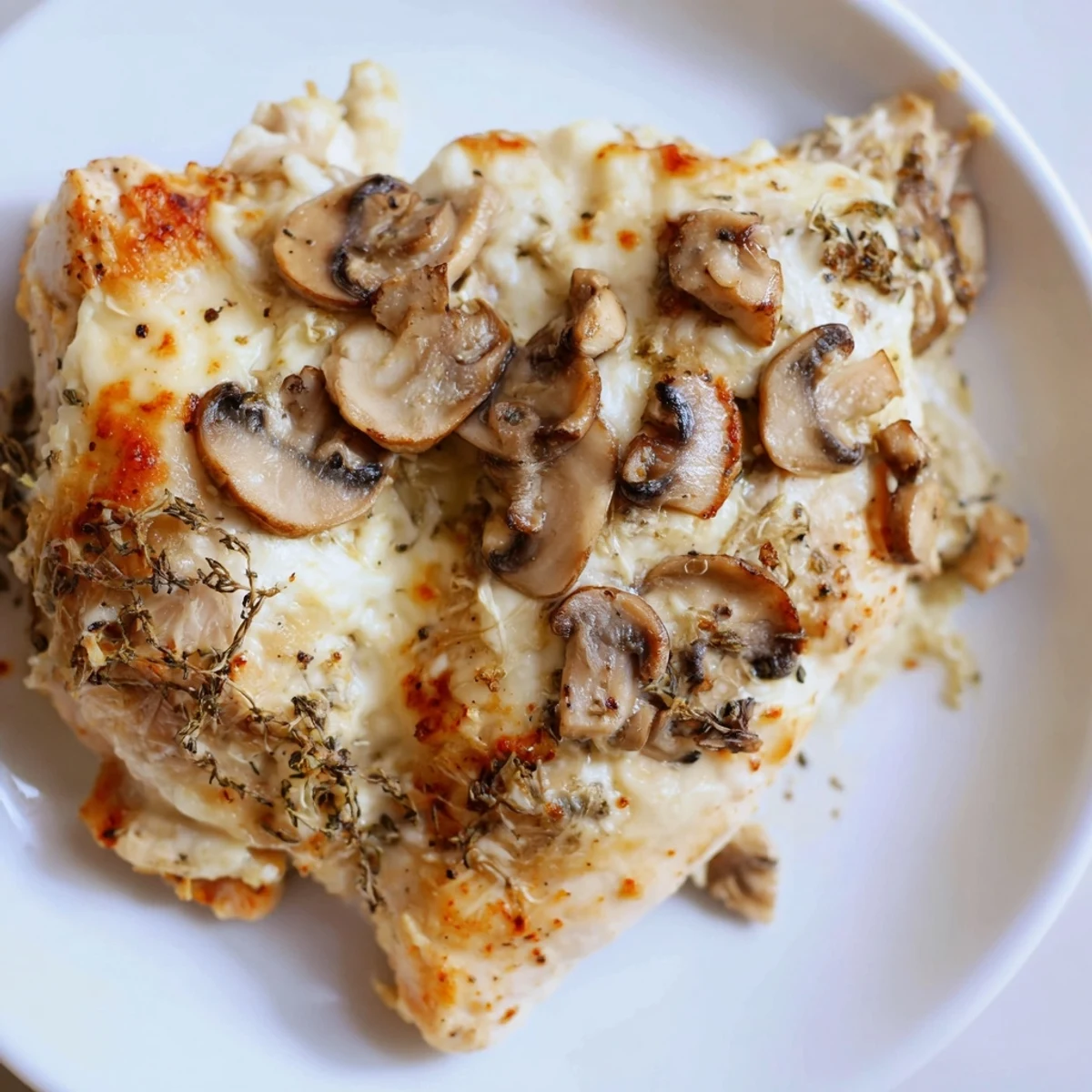 Tender chicken breasts topped with melted mozzarella cheese and sliced sautéed mushrooms