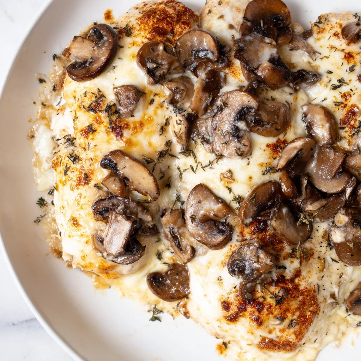 Baked chicken dish featuring golden melted cheese over tender meat and earthy mushrooms