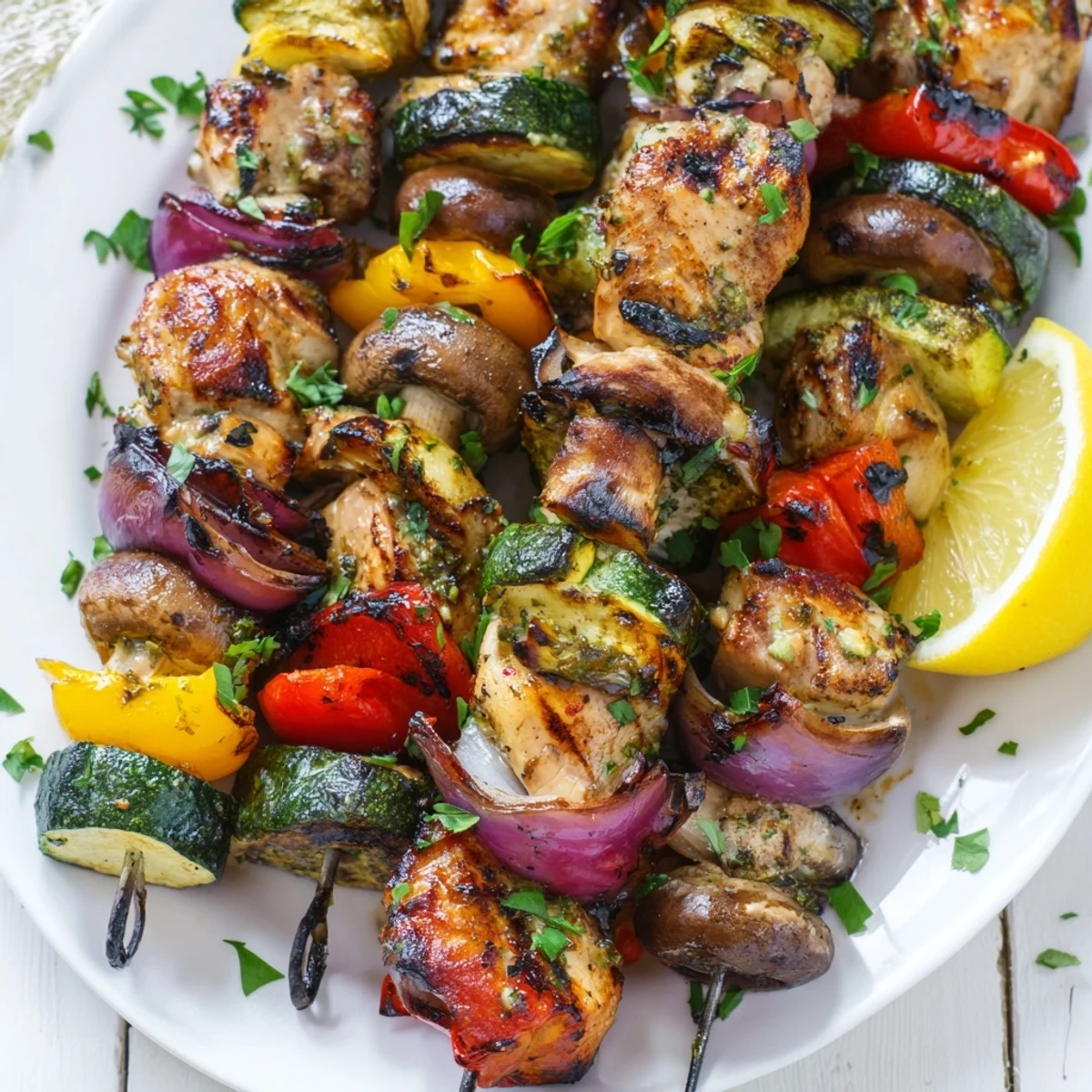 Juicy grilled chicken kabobs with colorful bell peppers, onions, zucchini, and mushrooms on skewers