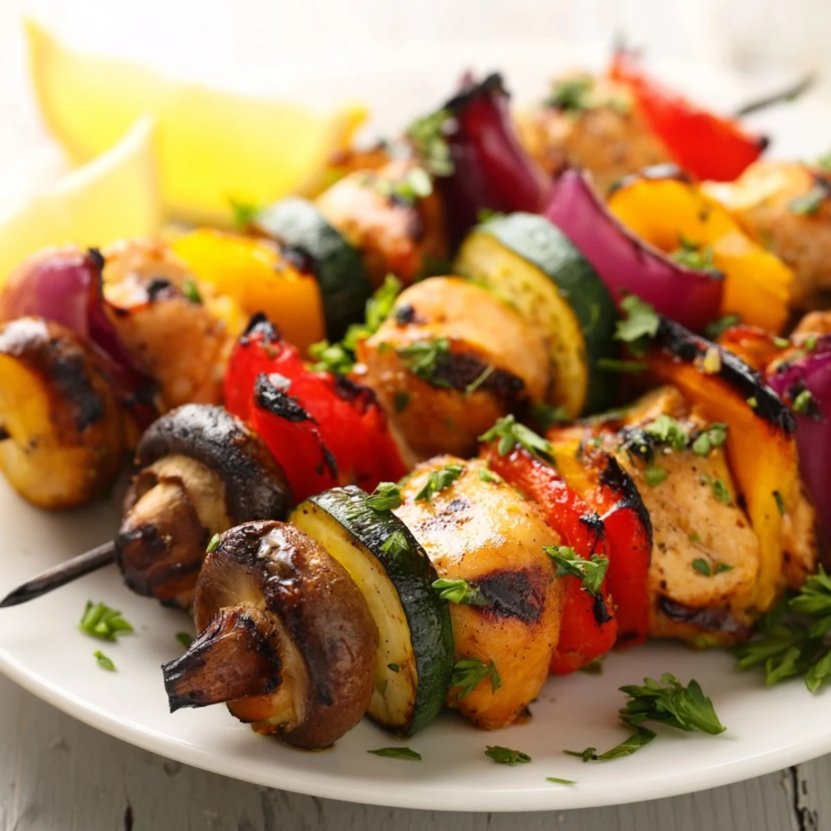 Grilled chicken kabobs with vegetables recipe showing tender meat and vibrant peppers on wooden skewers