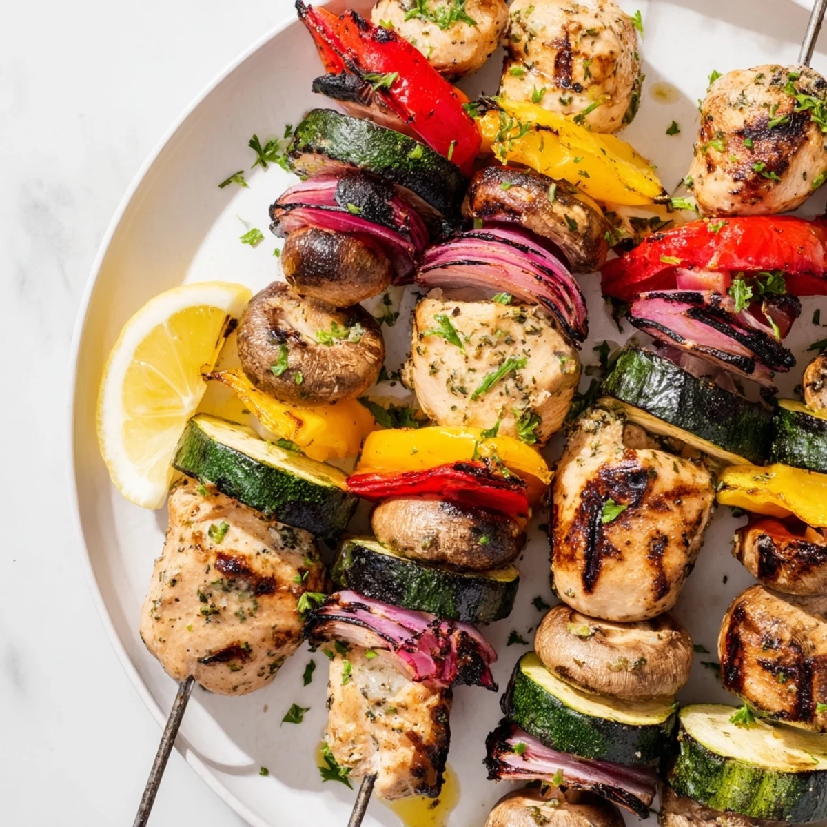 Colorful Mediterranean grilled chicken kabobs featuring marinated meat and charred crisp vegetables