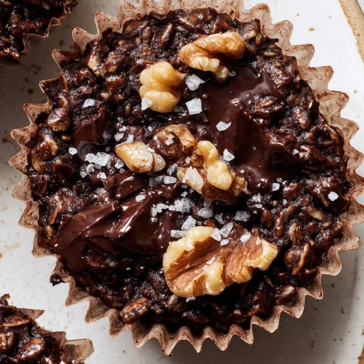 Baked dark chocolate oatmeal cups with gooey chocolate centers and chopped walnuts visible