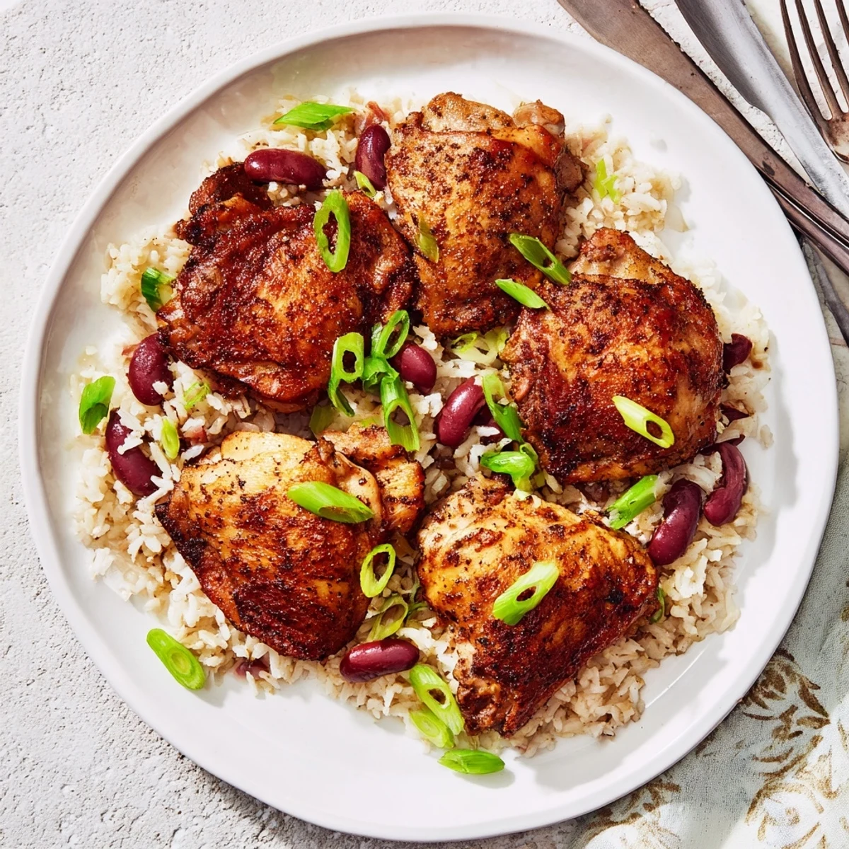 Juicy oven baked Caribbean jerk chicken served atop creamy coconut rice with kidney beans