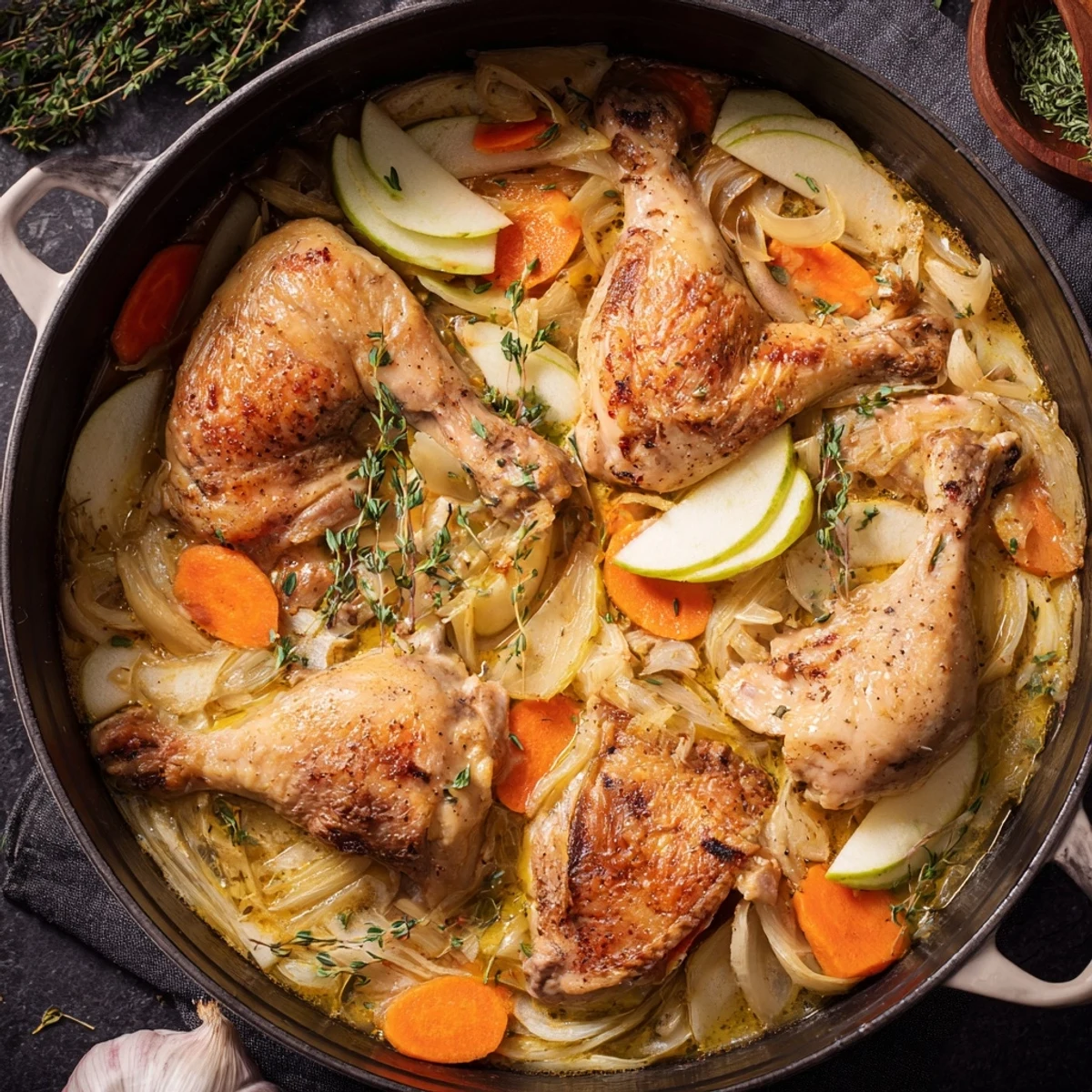 Golden brown chicken pieces nestled in a creamy cider sauce with tender apple slices and fresh thyme garnish