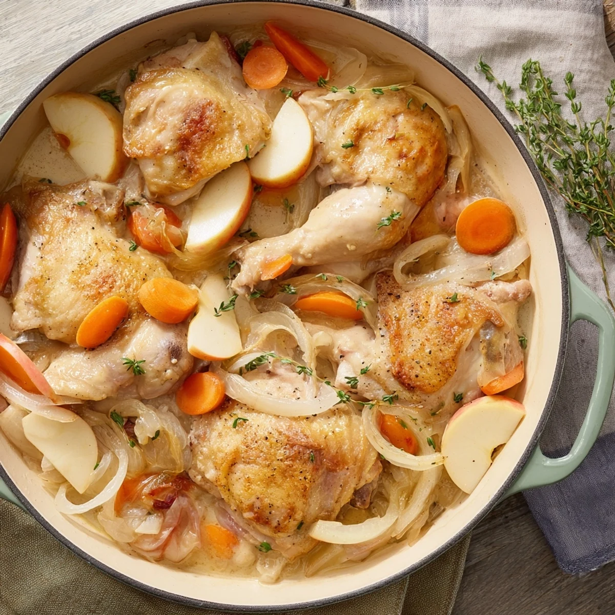 Rustic French chicken casserole featuring simmering drumsticks and thighs in a rich Calvados cream sauce with caramelized onions